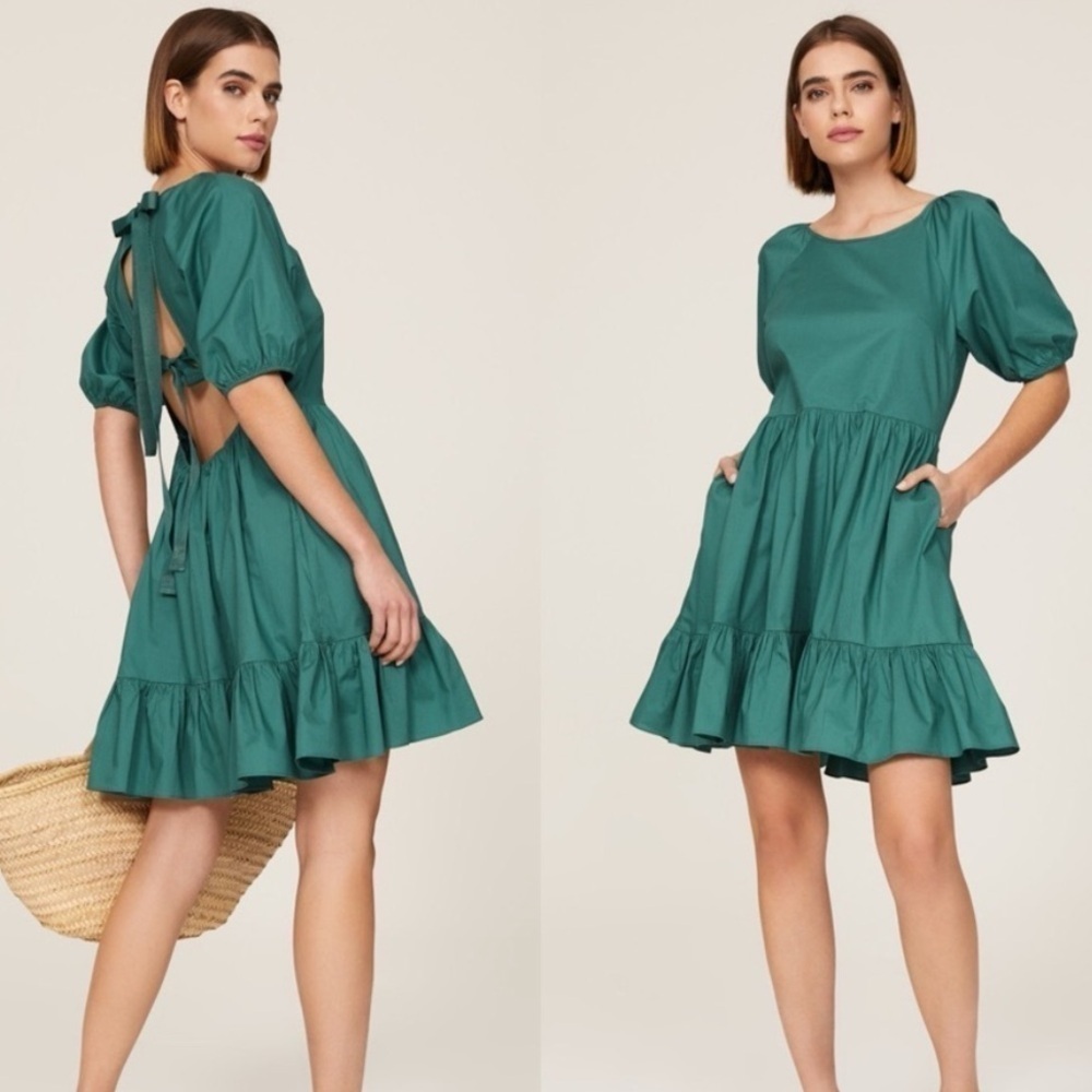PETER SOM Green Puff Sleeve Ruffle Trim Mini Dress
